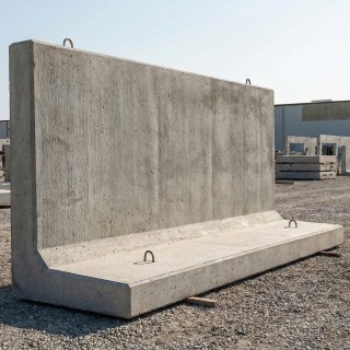 دیوار حائل بتنی ال شکل پیش‌ساخته با قلاب‌های حمل فولادی در محوطه دپوی کارخانه (Precast L-shaped concrete retaining wall with steel lifting hooks in the factory depot yard)