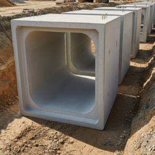 نصب باکس‌ کالورت‌های بتنی پیش‌ساخته چهارگوش در محل پروژه عمرانی (Installation of precast rectangular concrete box culverts at the civil project site)