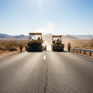 عملیات آسفالت‌ریزی جاده بیابانی با ماشین‌آلات سنگین در سازنده‌باش (Desert road asphalting operation with heavy machinery at Sazandebash)