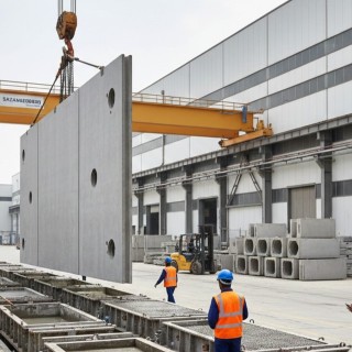 خط تولید و جابه‌جایی دیوارهای بتنی پیش‌ساخته در کارخانه سازنده‌باش (Production line and movement of precast concrete walls at Sazandebash factory)