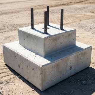 فونداسیون بتنی پیش‌ساخته دو پله‌ای با چهار عدد بولت انتظار در سایت پروژه‌ (Precast double-tier concrete foundation with four anchor bolts at the project site)