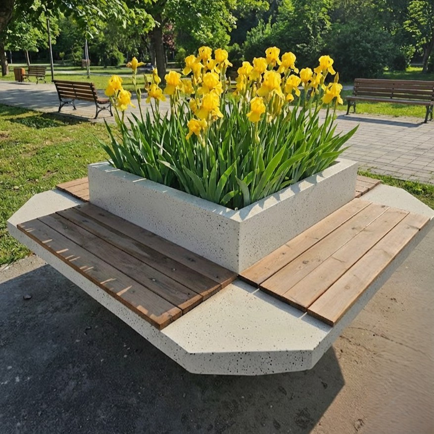 نیمکت بتنی مربعی طرح چوب و سنگ با گلدان مرکزی و گل‌های زرد در پارک (Square wood and stone design concrete bench with central planter and yellow flowers in the park)