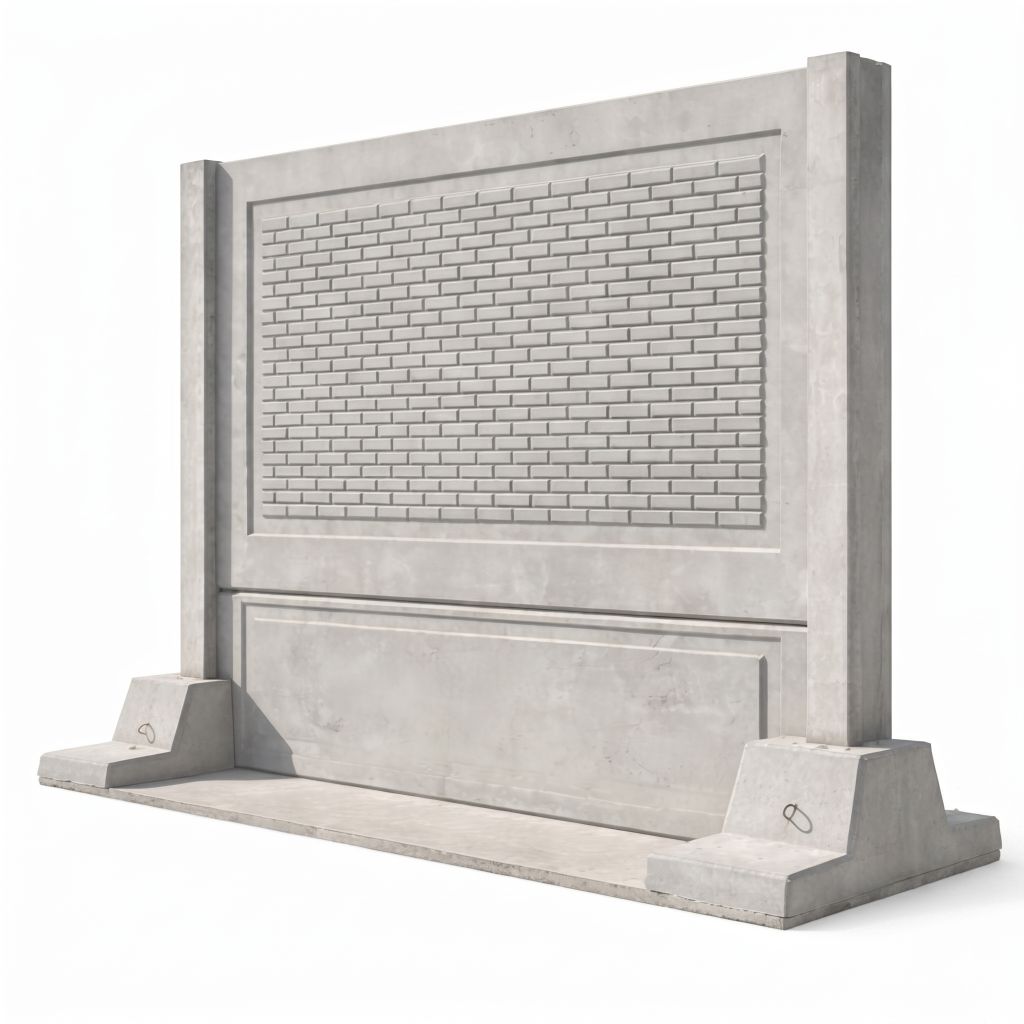 جزئیات اجرایی دیوار پیشساخته بتنی مدل آجری سازنده باش (Executive details of brick-style precast concrete wall by Sazandebash) نمای فنی دیوار پیشساخته بتنی با طرح آجری و فونداسیون متقارن در پسزمینه سفید جهت استفاده در پروژههای حصارکشی (Technical view of a precast concrete wall with brick pattern and symmetrical foundation on white background for fencing projects)